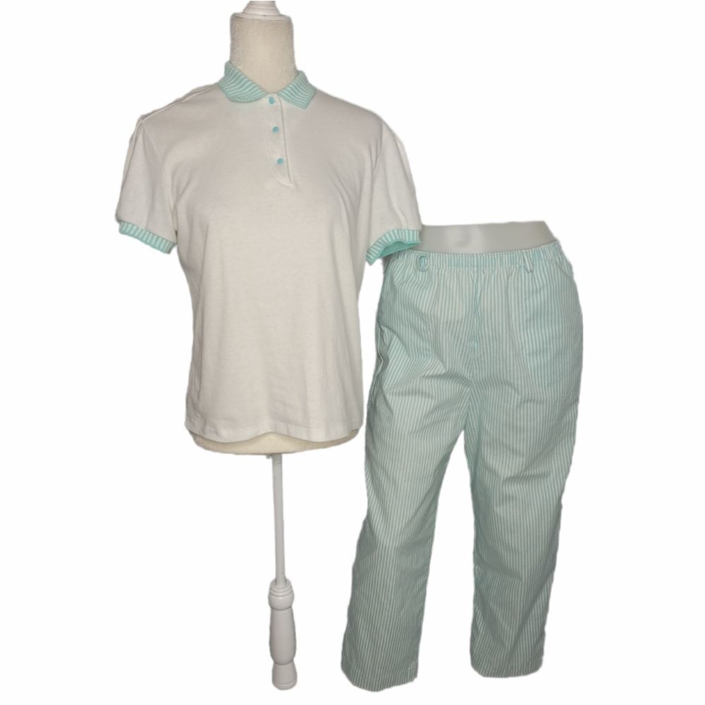 VINTAGE 80s set short sleeve top with baby blue teal pinstripe crops L